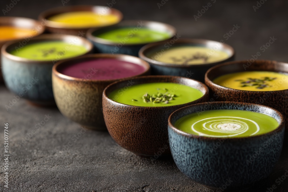 Poster assorted colorful bowls of soup presented on a dark surface in a creative culinary arrangement
