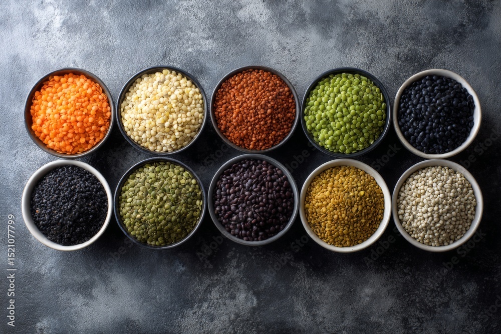Poster colorful assortment of lentils and grains in bowls arranged neatly on a dark textured surface