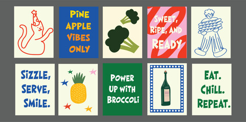 A fresh promotional banner ideal for cafés and restaurants. Combines tropical fruits, fresh veggies, and positive summer phrases. Featuring elements like ripe tomatoes, broccoli, pineapple
