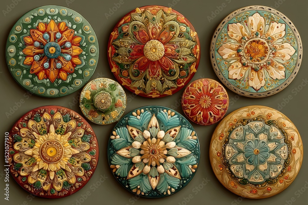 Poster decoratively designed circular patterns arranged aesthetically showcasing vibrant colors and intrica
