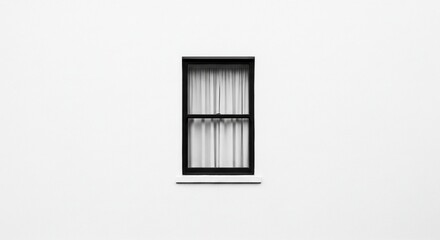 Minimalist Black Window with White Curtains Against a Plain White Wall