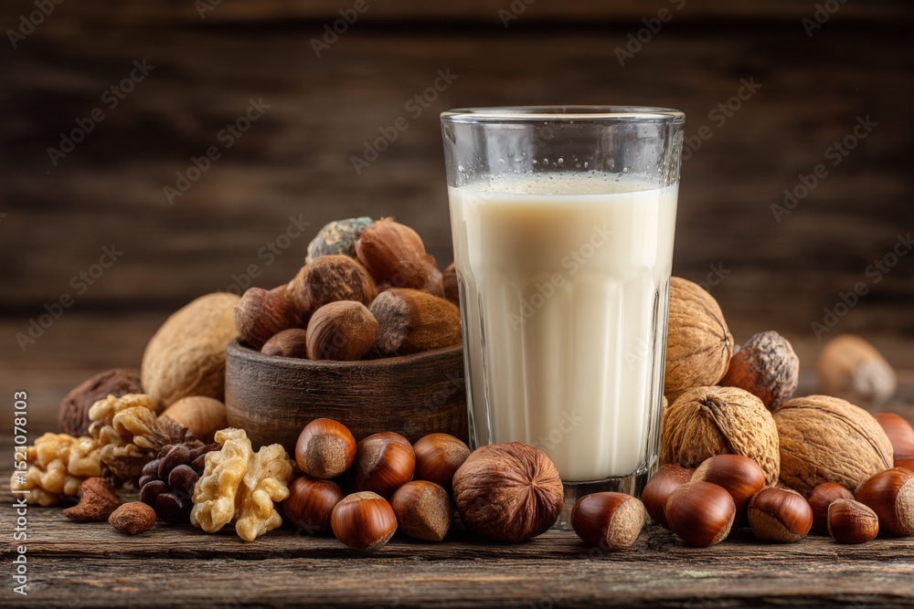 Poster creamy nut milk with assorted nuts placed on rustic wooden table for a healthy snack option