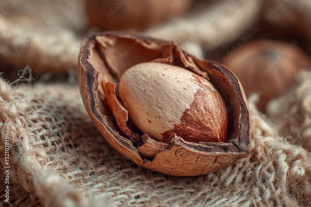 Poster Close-up of a pecan half inside its shell resting on burlap fabric with a rustic background