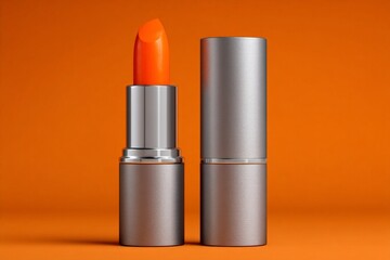 Bright orange lipstick stands out against a vibrant orange background in a modern display