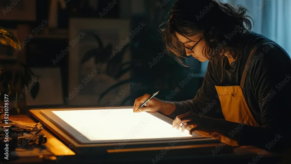 Aufkleber a person working on a light pad, likely taking notes or creating content