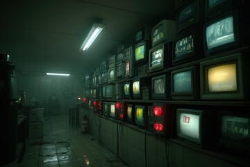 A darkly lit, dimly illuminated room filled with rows of vintage television sets, showcasing a sense of retro technology and surveillance themes, in a gloomy setting.