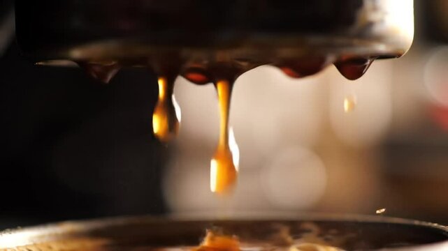 Espresso Machine Extracting Strong Fresh Coffee Close Up