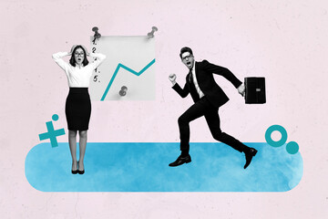 Creative banner collage of people with list run working on grey background