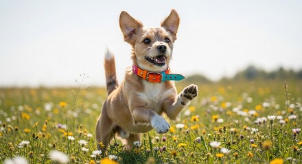 Playful Dog Leaping Through Wildflower Meadow with Colorful Collar