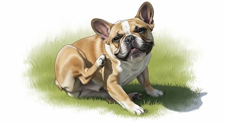 Playful French Bulldog Itching on Green Grass with Happy Expression