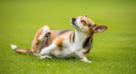 Playful Dog Enjoying a Scratch on Green Grass with Closed Eyes