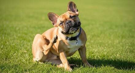 Playful French Bulldog Itching on Green Grass with Closed Eyes and Collar