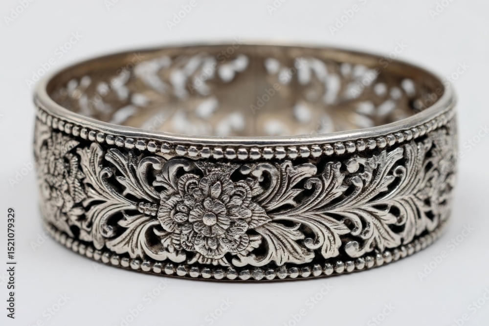 Poster ornate silver bangle featuring intricate floral design displayed against a plain background