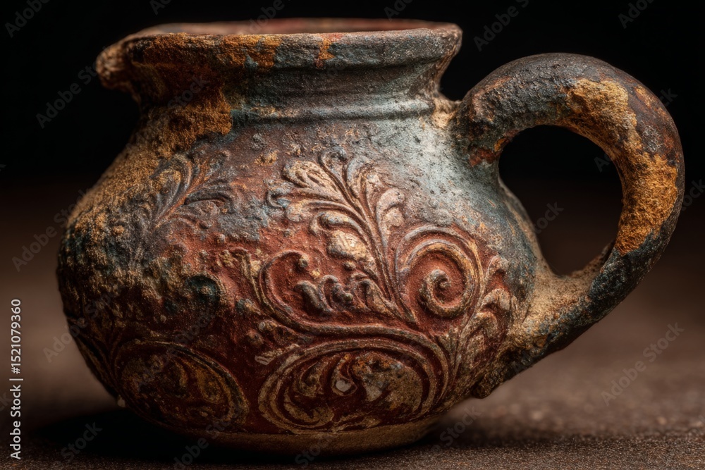 Poster Ancient decorative pot displaying intricate floral patterns and weathered texture in close-up view