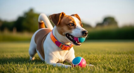 Playful Jack Russell Terrier with Ball on Green Grass in Sunlight