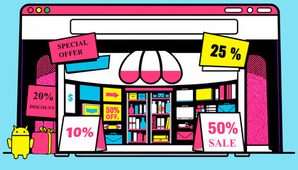 Colorful Black Friday sale promotion illustration with discount tags and shopping items