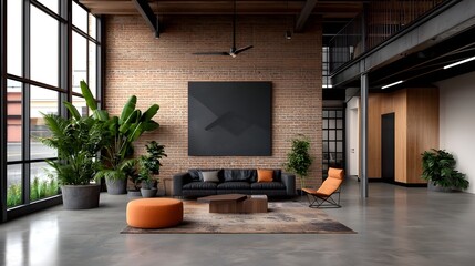 Cozy industrial style living room with brick walls and natural elements