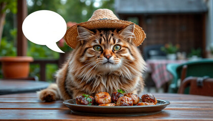 A cat in a straw hat sits outside with cutlets on a plate and an empty speech bubble