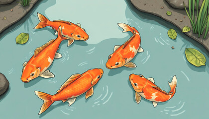 Koi fish swimming gracefully in a serene pond with stones and lily leaves