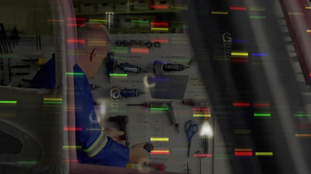 Technician selecting cordless drill in maintenance van fitting bit and testing with glitch overlay