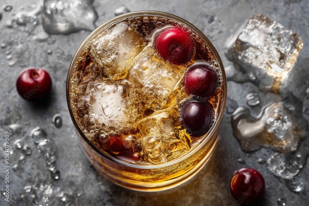 Aufkleber refreshing drink with ice cubes and fresh cherries captured in a stylish glass on a textured surface