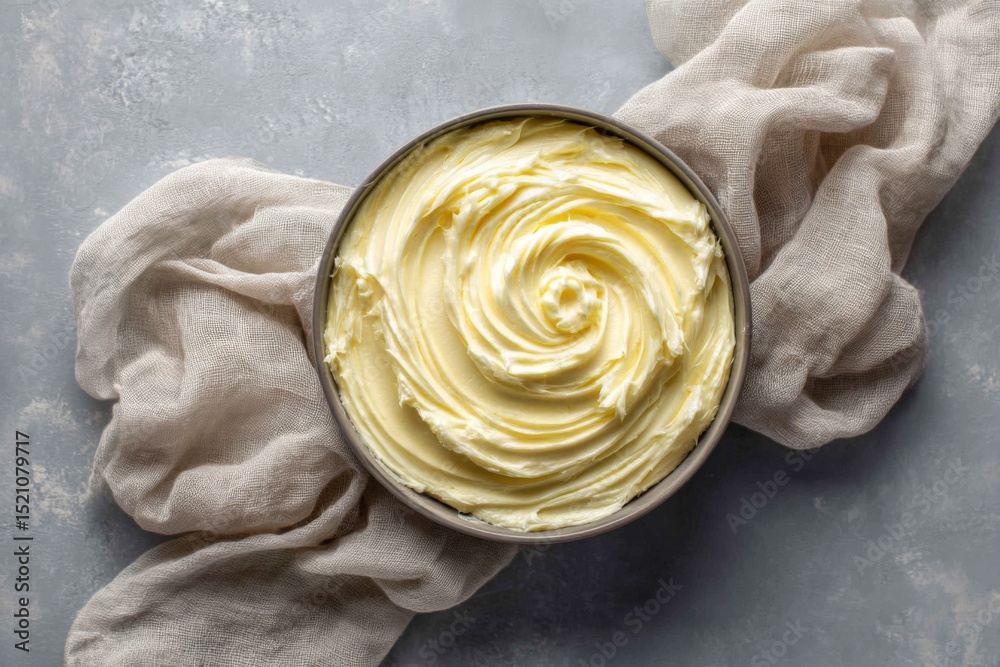 Poster Freshly whipped butter in a bowl with a smooth swirl on a textured surface