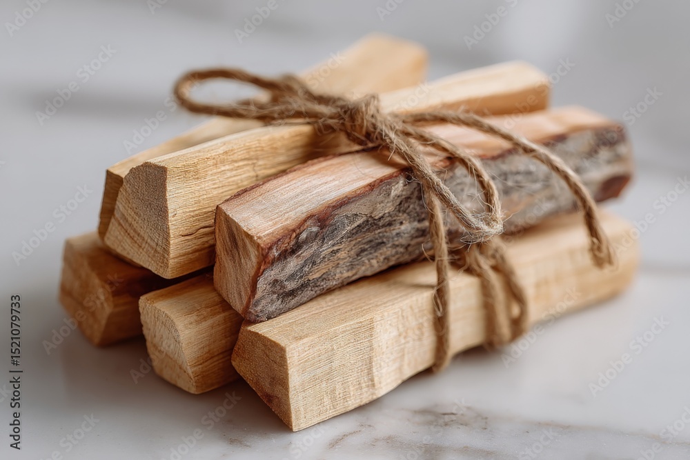 Poster wooden sticks tied with twine resting on a surface, ideal for crafting or rustic decoration projects