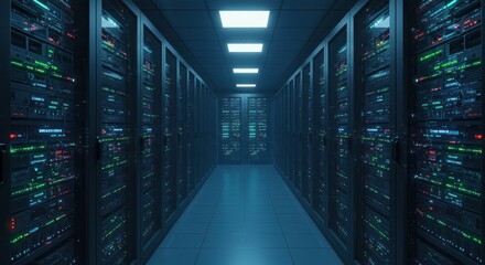 A futuristic data center with rows of illuminated server racks and a sleek, modern design