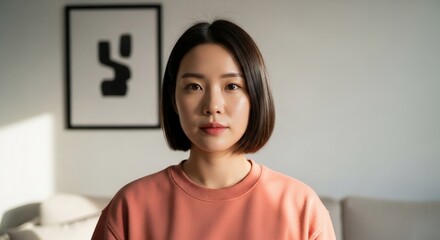 Portrait of a Woman with Short Hair and Abstract Art Background