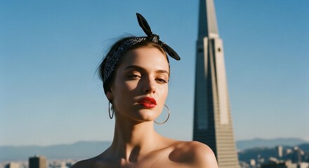 Portrait of a Woman with Red Lips and Bandana, Cityscape Background