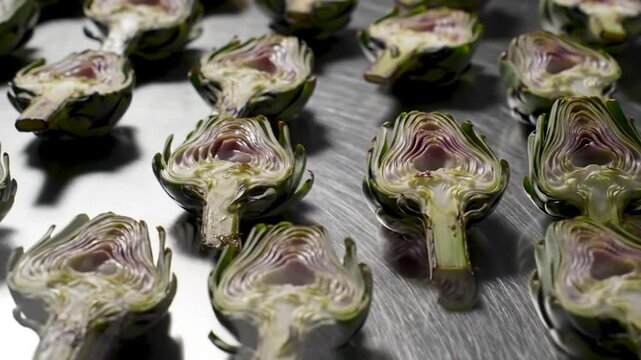 Pattern Of Cross Section Artichokes On A Stainless Steel Countertop