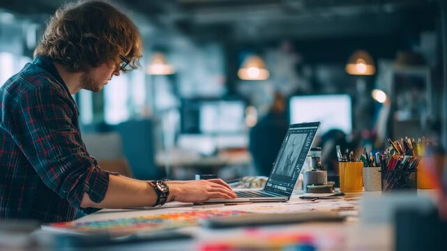 Young professional artist working on computer in a creative workspace