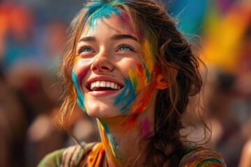 A joyful young woman celebrates Holi with vibrant colors smeared across her face, radiating happiness and festive spirit in a blurred, lively crowd atmosphere.