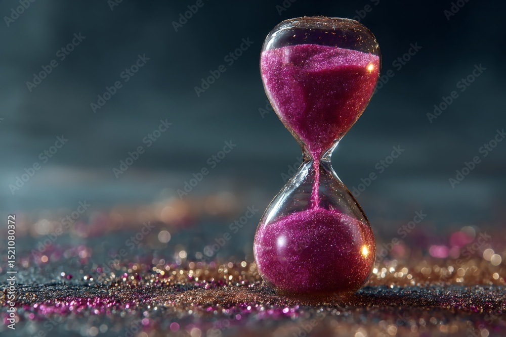 Poster elegant hourglass with vibrant pink sand displayed on a shimmering surface during a moody evening se