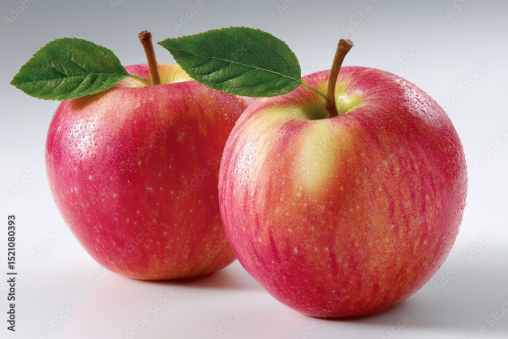 Aufkleber Fresh red apples with droplets on surface and vibrant green leaves displayed on a smooth background