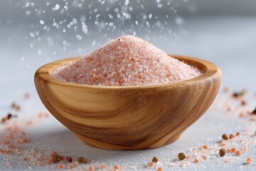 Pink salt piled in a wooden bowl surrounded by scattered grains on a light surface