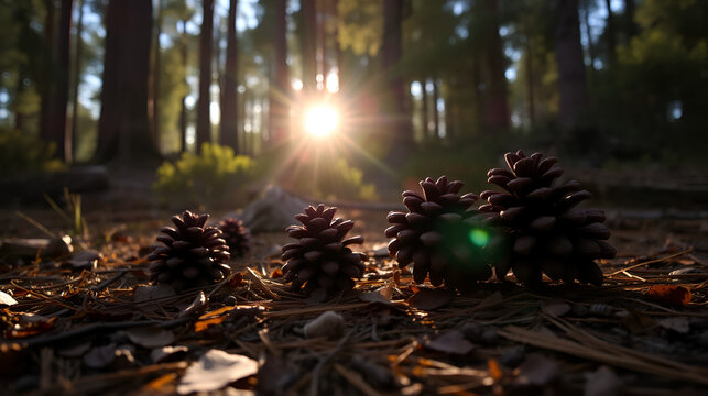 Sunlit pine cones on forest floor. - Powered by Adobe