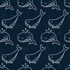 Seamless dark pattern with sperm whales and whales. Print for textile, wallpaper, covers, surface. Retro stylization. For fashion fabric. Sea life pattern
