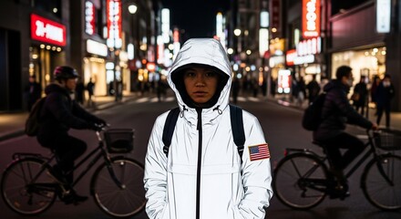 Reflective Jacket and American Flag in Illuminated City Street at Night