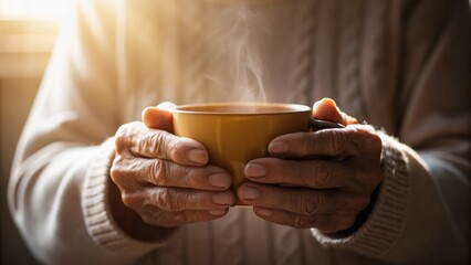 A person holding a steaming cup, showcasing warm, textured hands in soft light, suggesting comfort and relaxation.