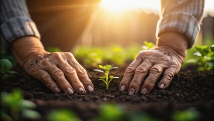 Hands gently plant a young seedling in rich soil, illuminated by warm sunlight, symbolizing growth and nurturing in nature.