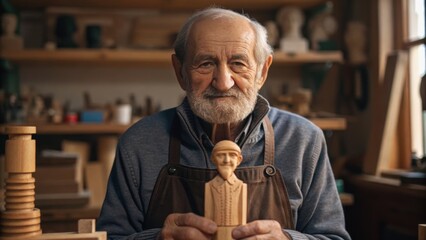 An elderly artisan holds a wooden figurine in a workshop filled with handcrafted sculptures and tools, showcasing traditional craftsmanship.