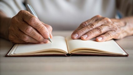 A person writes in a notebook, showcasing hands with a pen on an open page, emphasizing the act of writing and creativity.