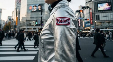 Silver Jacket with USA Patch in Shibuya Crossing, Tokyo, Japan