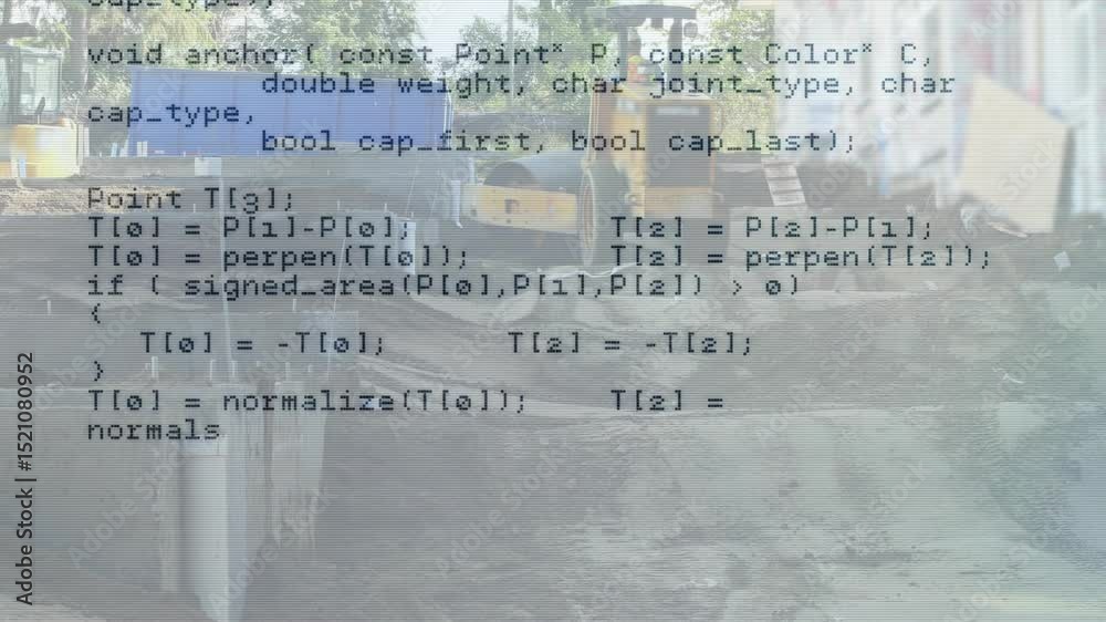 Poster code window scrolling over construction site with road roller revealing c++ intersection functions