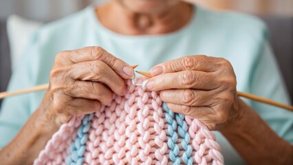 A person is knitting with colorful yarn, showcasing hands and the intricate pattern of the fabric being created.