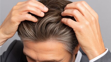 Naklejka premium Close-up, man examining gray hair on head, styling with fingers, concerned expression.