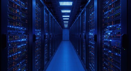 Fototapeta premium A high-tech data center corridor filled with illuminated server racks, showcasing advanced technology