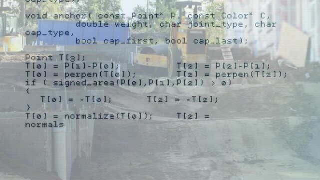 Code window scrolling over construction site with road roller revealing C++ intersection functions