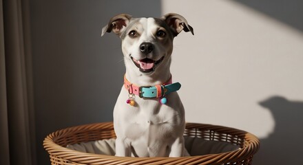 Smiling Dog in Basket with Colorful Collar and Playful Sunlight